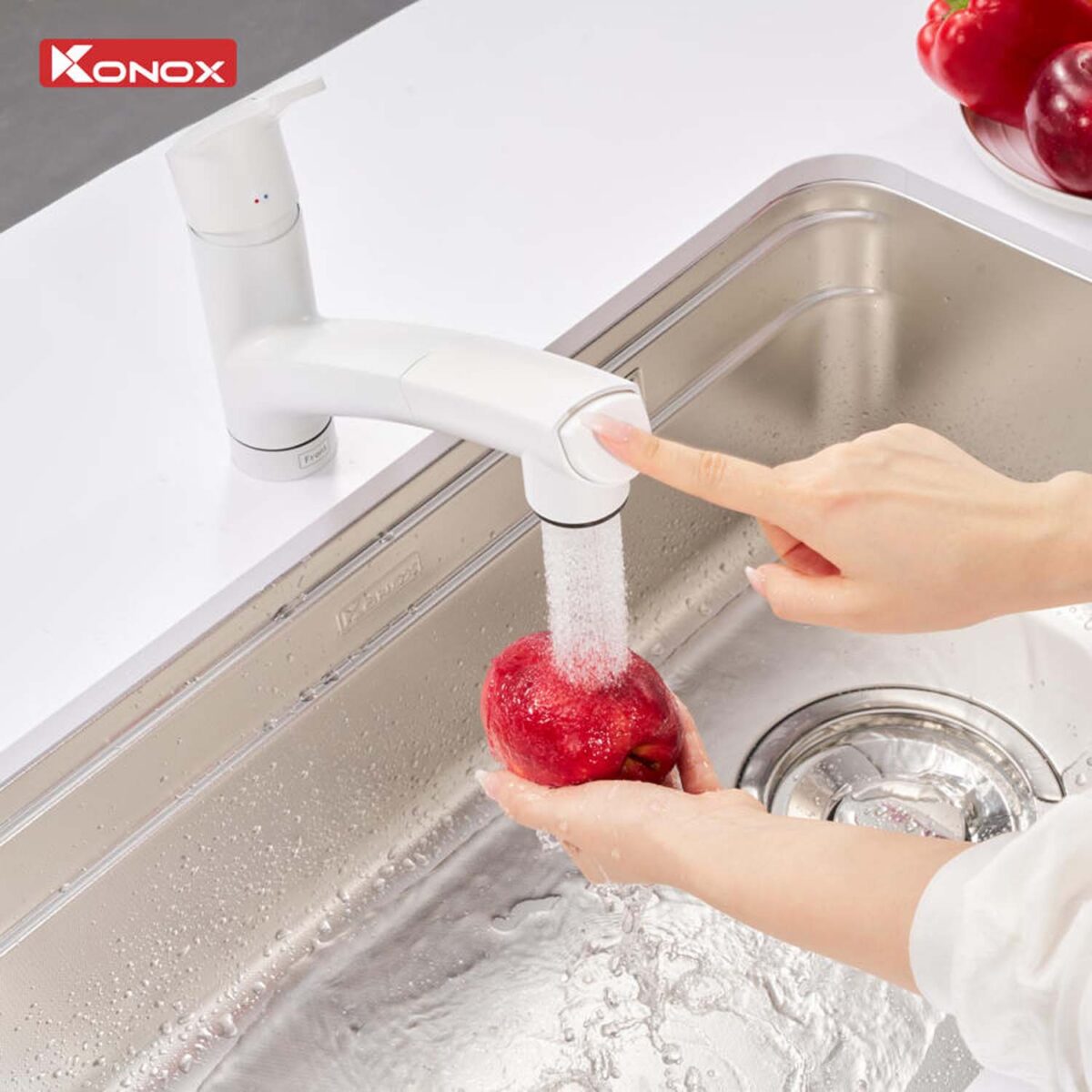 Vòi rửa bát KONOX Kira White nóng lạnh rút dây - Ảnh 4