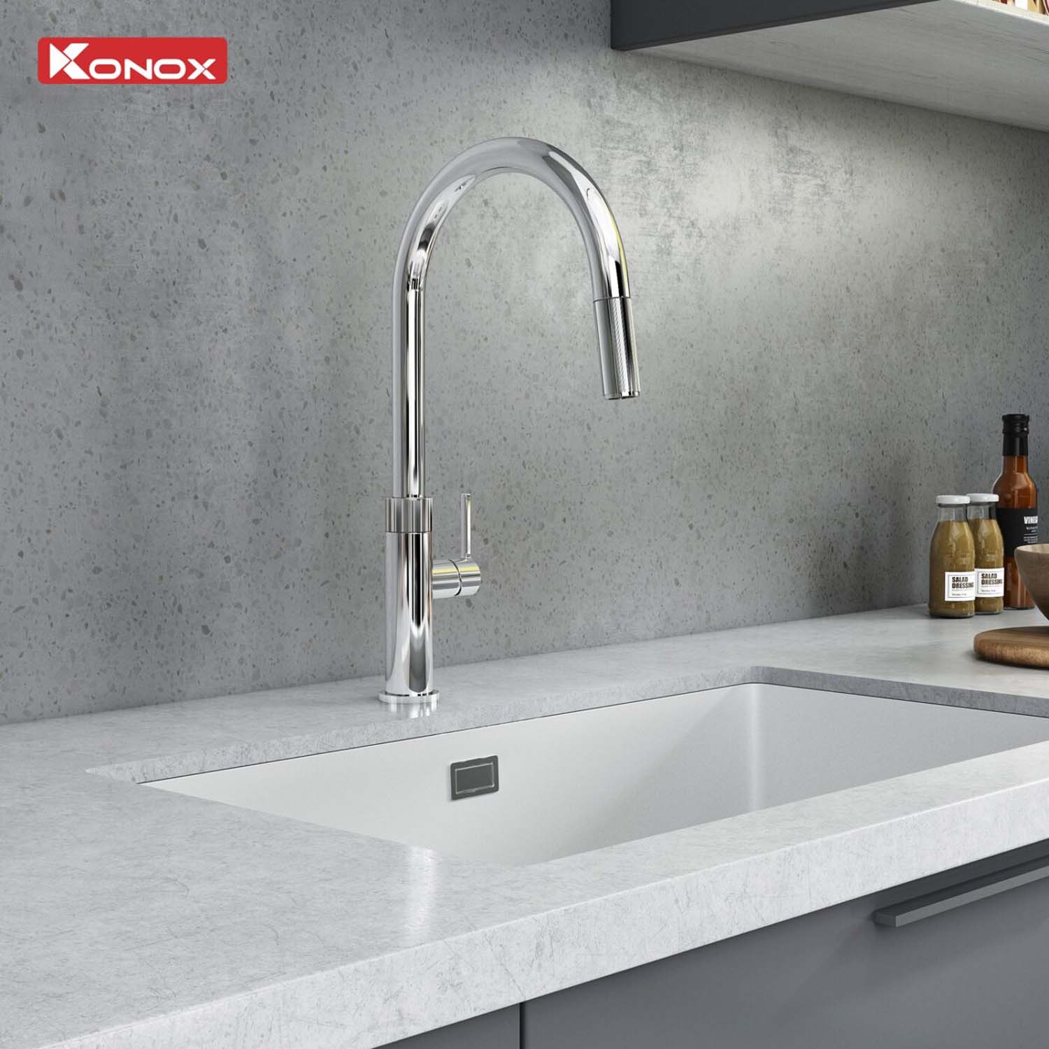 Vòi rửa bát KONOX Lasi Chrome nóng lạnh rút dây 3 hinh anh thuc te Voi rua bat KONOX Lasi Chrome nong lanh rut day 1