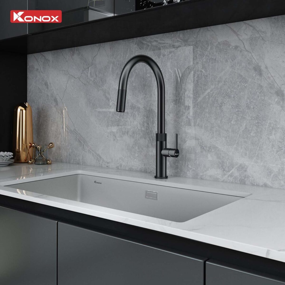 Vòi rửa bát KONOX Lasi Gun Metal nóng lạnh rút dây - Ảnh 5
