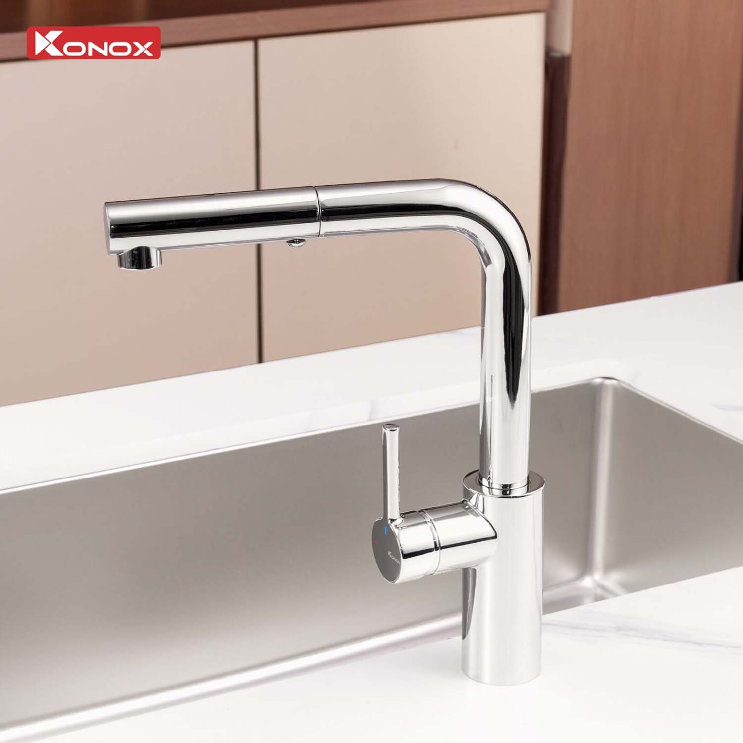 Vòi rửa bát KONOX Vira Chrome nóng lạnh rút dây 2 hinh anh thuc te Voi rua bat KONOX Vira Chrome nong lanh rut day 1