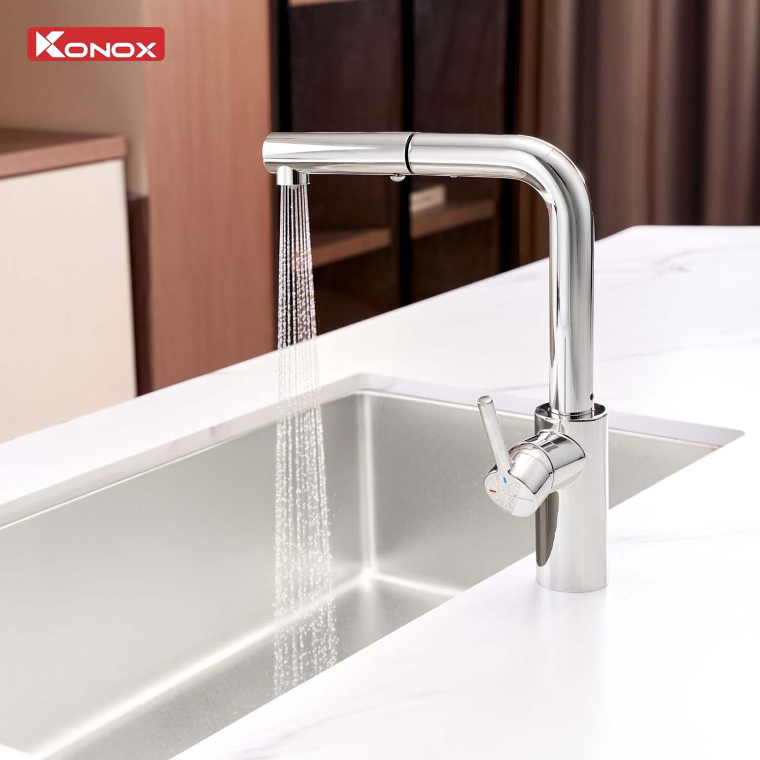 Vòi rửa bát KONOX Vira Chrome nóng lạnh rút dây 3 hinh anh thuc te Voi rua bat KONOX Vira Chrome nong lanh rut day 3