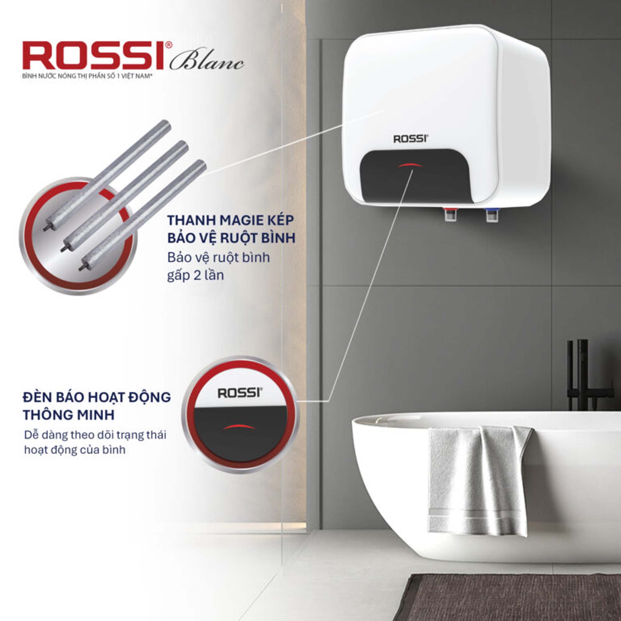 Bình nóng lạnh Rossi BLANC 15 20 30 lít vuông RBC15SQ RBC20SQ RBC30SQ 3 thanh magie kep Binh nong lanh Rossi BLANC 15 20 30 lit vuong RBC15SQ RBC20SQ RBC30SQ