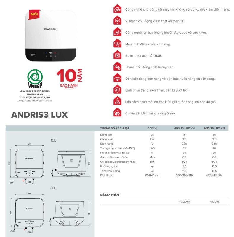 thong so Binh nong lanh ARISTON AN3 LUX 15 30 lit vuong andris3