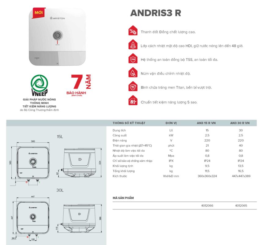 thong so Binh nong lanh ARISTON AN3 R 15 30 lit vuong andris3