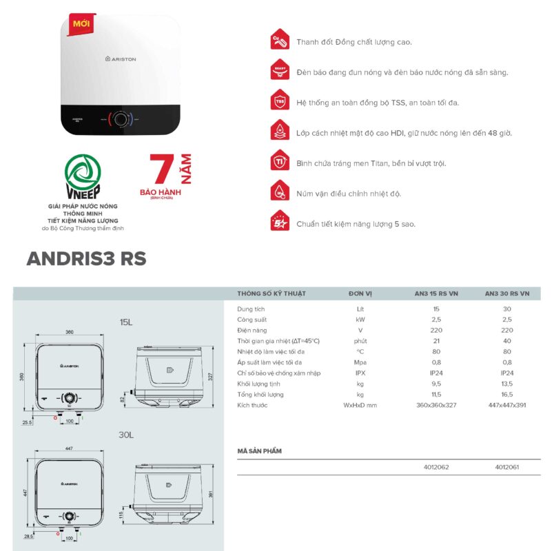 thong so Binh nong lanh ARISTON AN3 RS 15 30 lit vuong andris3