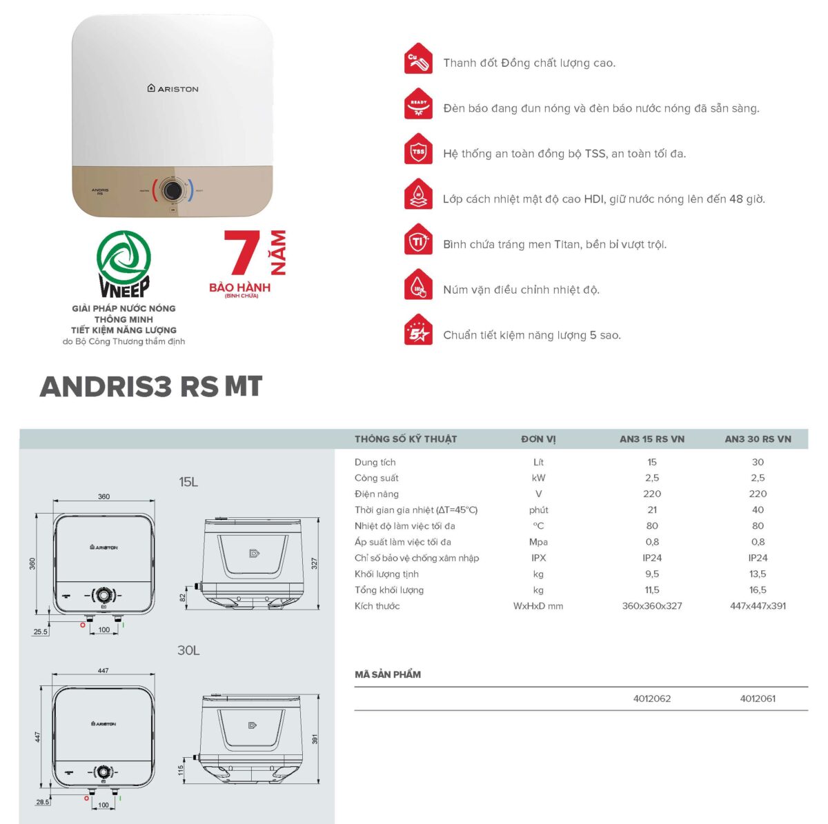 Bình nóng lạnh ARISTON AN3 RS MT 15 lít vuông (andris3) - Ảnh 2