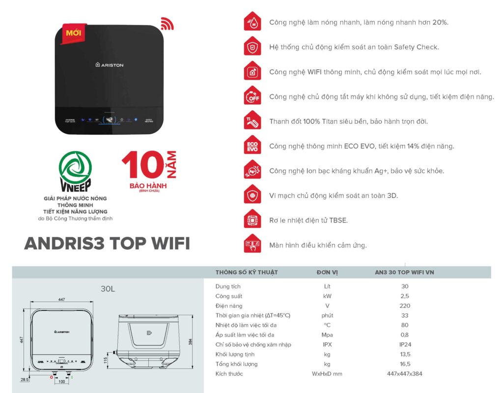 thong so Binh nong lanh ARISTON AN3 TOP WIFI 30 lit vuong andris3