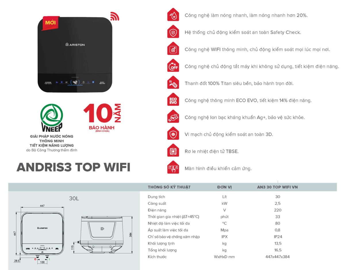 Bình nóng lạnh ARISTON AN3 TOP WIFI 15 lít vuông (andris3) - Ảnh 2