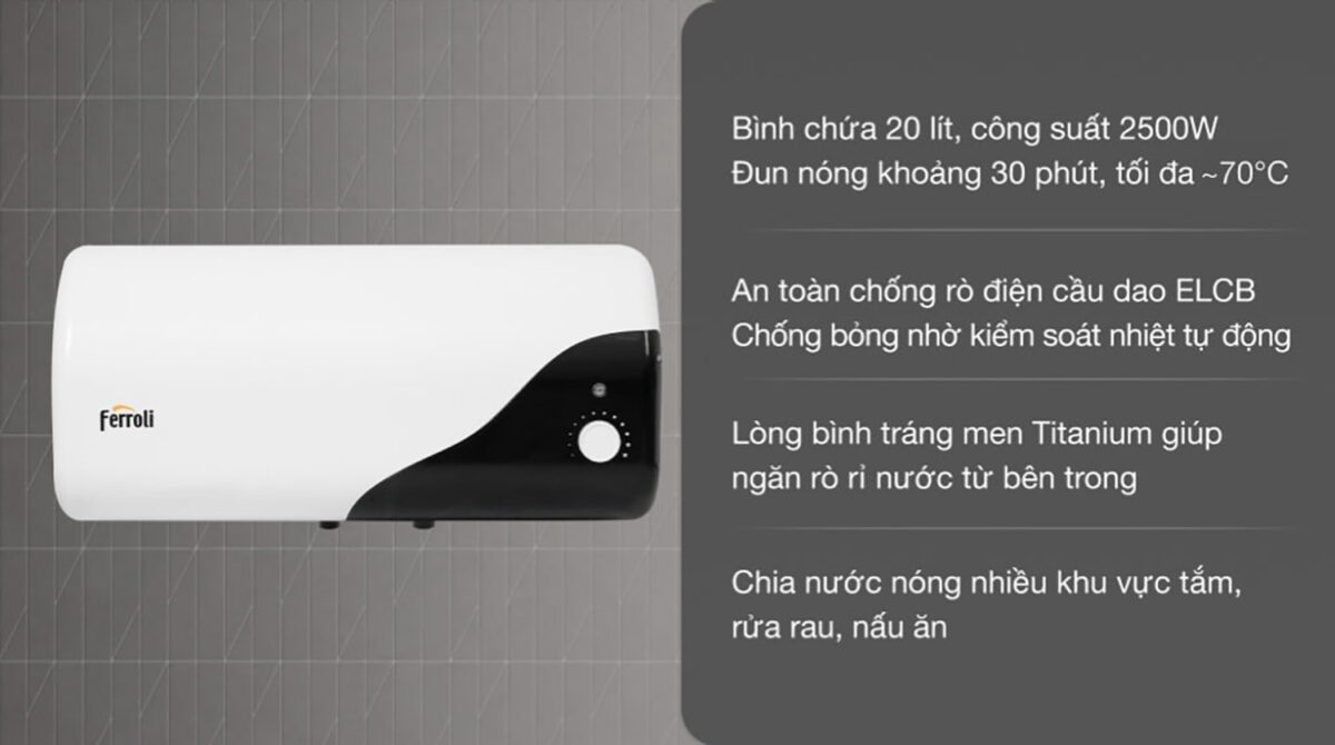 Bình nóng lạnh FERROLI MIDO DE 20L lít ngang - Ảnh 2
