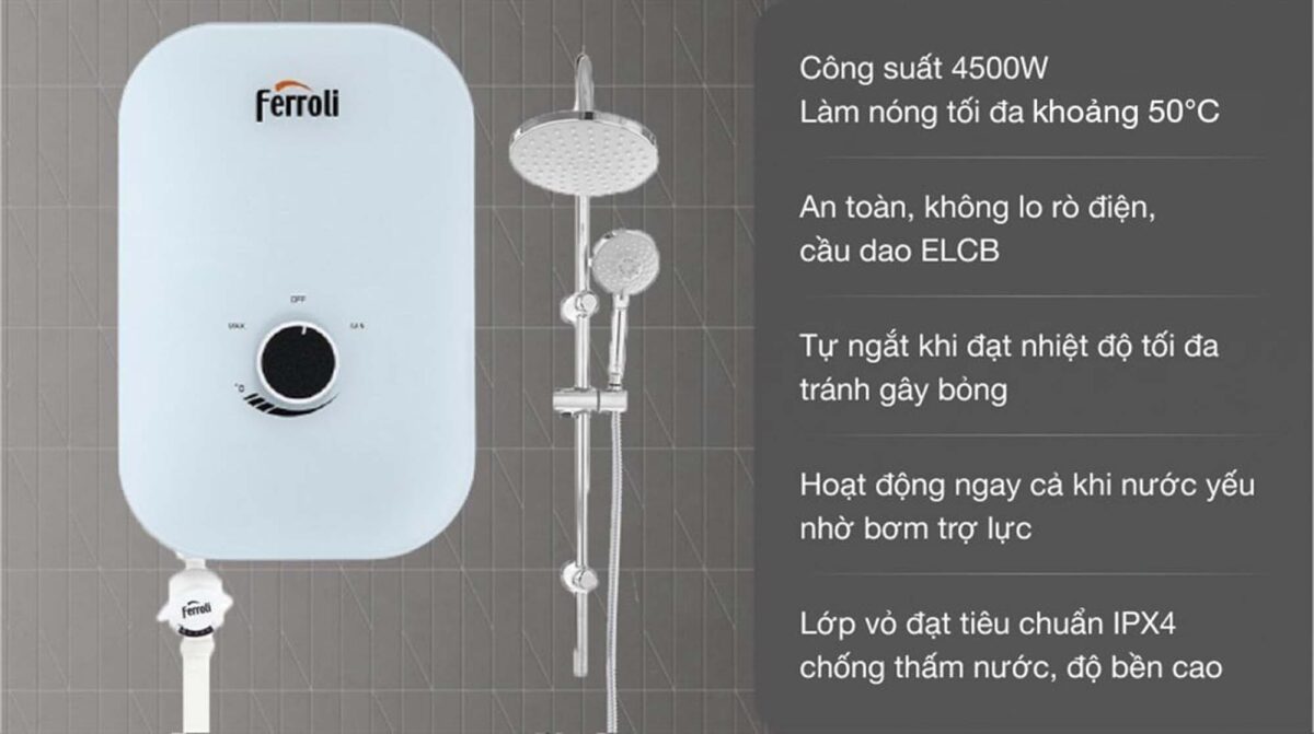 Máy nước nóng trực tiếp Ferroli MIDO MXP 4.5S có bơm 4500w - Ảnh 2